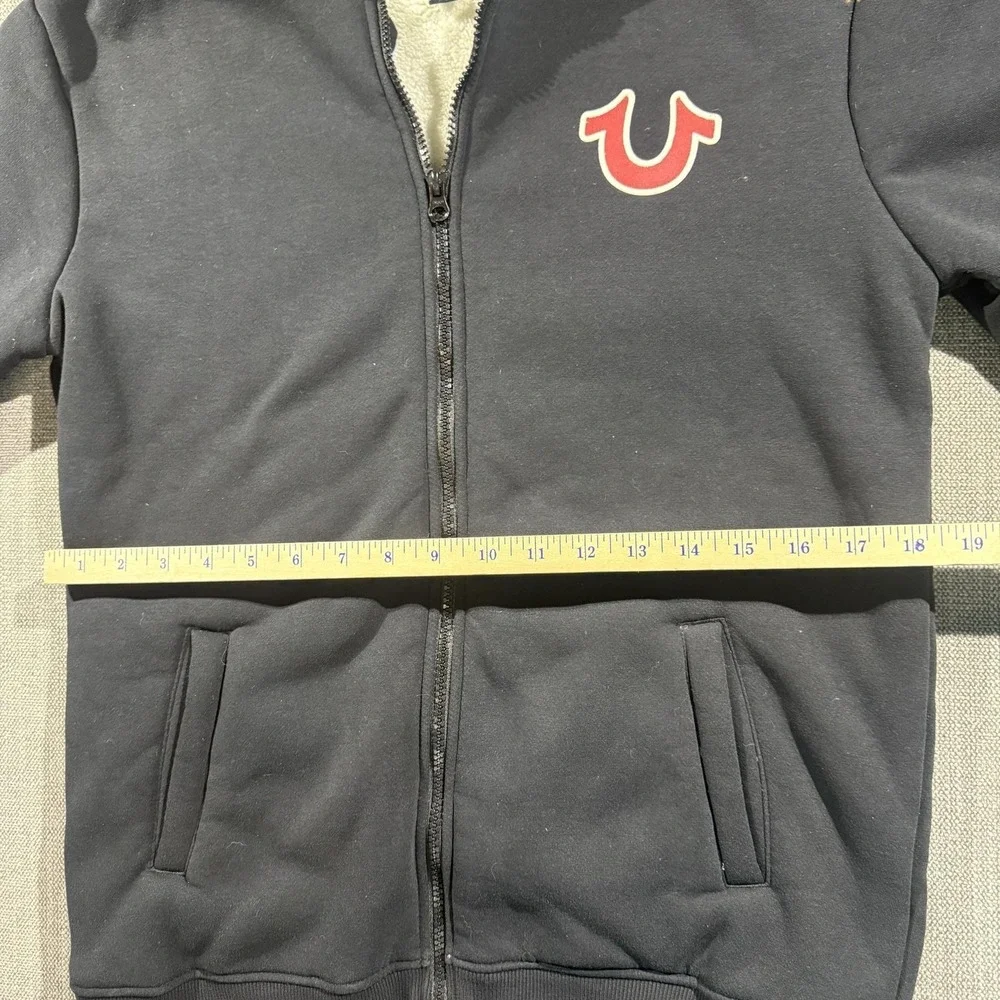True Religion Hoodie Mens XL Black Sherpa Lined Full Zip Logo Sweatshirt
